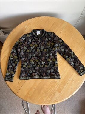 Cherry Lewis Intarsia pinwheel stars  Knit Button-Front Jacket - Olive Multi